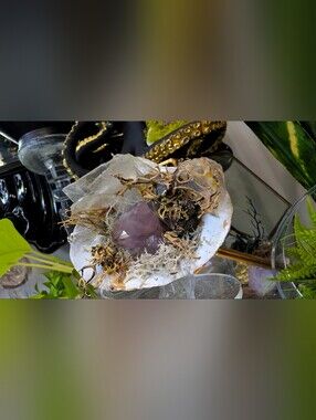 Amethyst, Selenite Crystals & Artificial Moss in Seashell (stand Included)